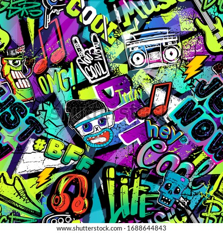 Abstract seamless cartoon pattern for kids, teenagers, fashion textile, clothes, wrapping paper. Repeated print with monsters doodle characters, graffiti text, music elements, lightning, guitar