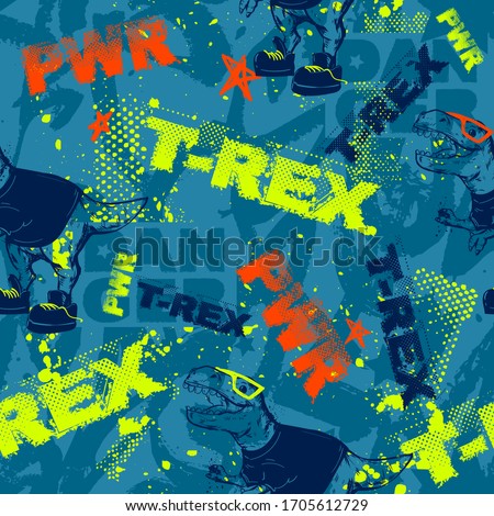 Repeat t-rex print with typography background. Danger dino character. Seamless dinosaur pattern