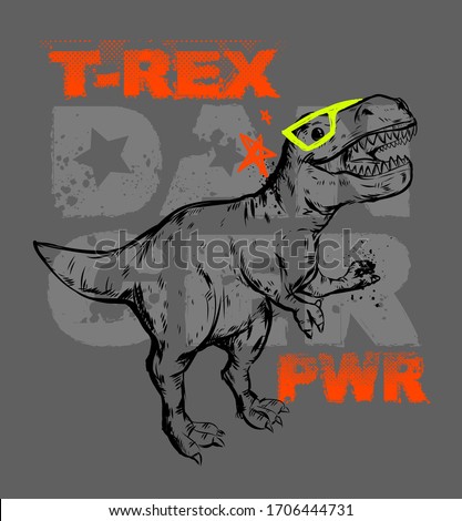 Dinosaur background with typographic composition T-rex Danger power. Predator dino wear sungkasses. Vector illustration for boy clothes.