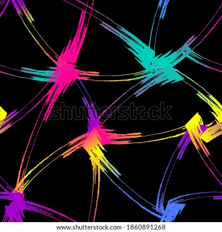 Abstract seamless pattern with bright neon brush track on black background. Colorful splashes lines repeat print.