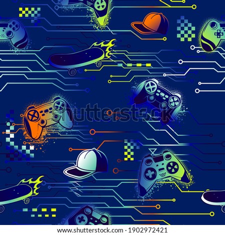 Gamepad seamless pattern.  Gamer elements for boy clothes, wrapping paper. Repeat print fire track, skateboard, electronic circuits, squares, teenagers cap.