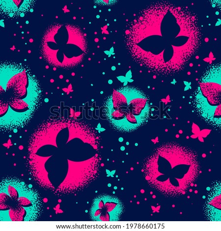 Abstract seamless butterflies pattern. Insect repeat print. Shabby textured girlish ornament. Dots butterfly silhouette repeated print for fashion textile, girlish clothes, wrapping paper. 商業照片 © 