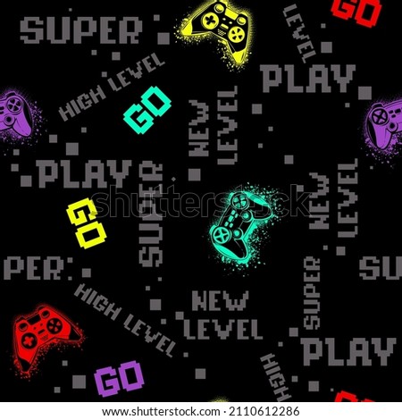 Abstract seamless gamepad pattern. Gamer repeat prrint for tenagers textile, sport clothes, wrapping paper. Text and silhouette sing