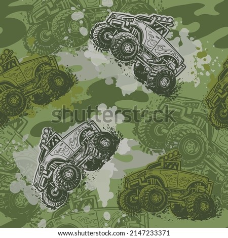 Off road truck endless print in green military colors. Big vehicles on Camouflage repeat pattern with Grunge textured background. Repeated huge car ornament