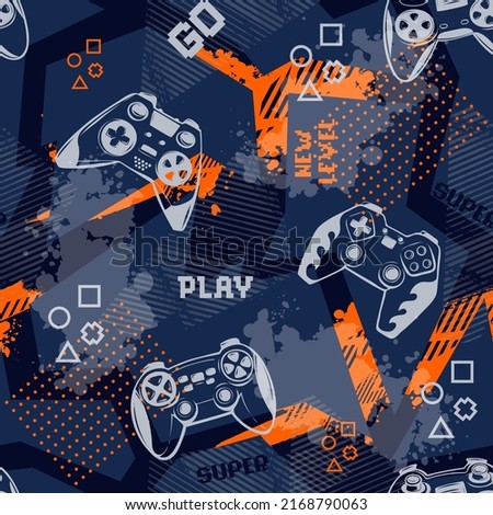 Abstract seamless gamepads pattern on Grunge geometrical endless background with dots, shabby brush track, squares, triangles, round and cross sign. Gamind repeat print. Words play, new level, super