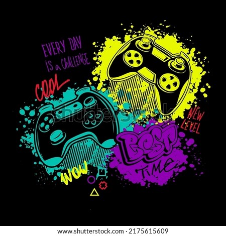 Gamepad t shirt design with grunge elements and hand written lettering phrases Game king, play, new level, wow never give up. Gaming illustration