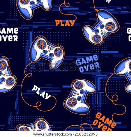 Abstract seamless gamepads pattern. Game pads repeat print on digital technology endless background. Text Game over, Play. Digitally repeated wallpaper for boy clothes, sport textile, wrapping paper