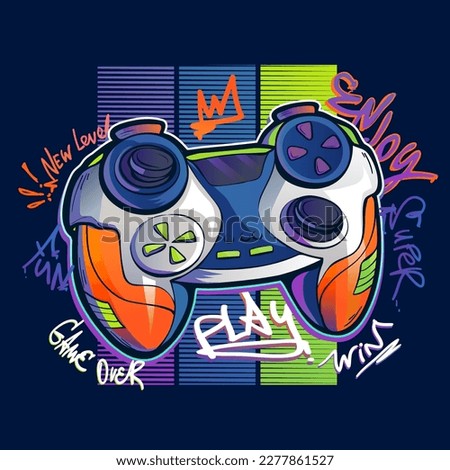 Vector Gamepad on digital background and street art style lettering. Gaming poster. Game pad print with graffiti words Play, win, gamer over, new level, enjoy, fun.