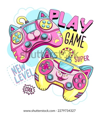 Gamepad poster. Cartoon cat gamepads characteron colorful spots background, text Play, cool, game, super, new level. Colorful gaming print. Kids game illustration.