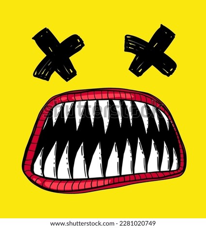 Monster faces print. Sharp teeth and big monsters mouth illustration with cross sign eyes on yellow background. Dude cartoon character. Evil emotion gave