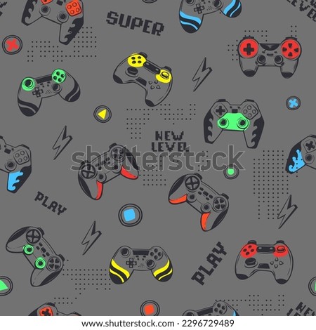 Abstract seamless pattern with gamepad illustration, text New level, play, super. Digital gaming repeat ornament. Gamepad print on grey background. Gaming cover ornament for sport textile, boy clothes