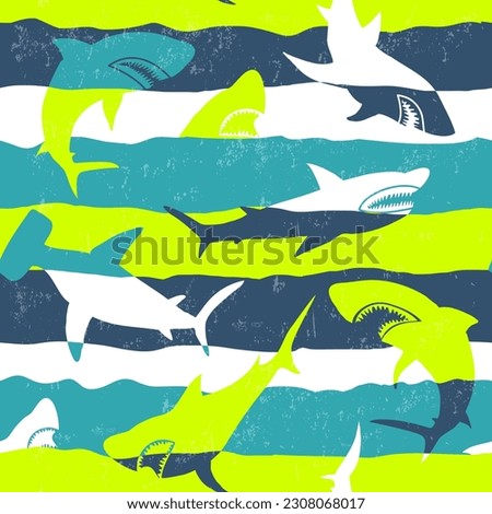 Abstract seamless pattern with shark silhouette on line background. Sharks silhouette repeat ornament on linear grungy wall. Big fish predator repeat print for sport textile, wrapping paper