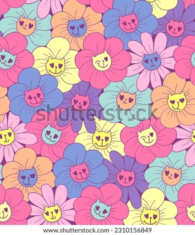 70s style flowers seamless pattern. Flower with cat faces, heart eyes. Dandelion endless ornament. Bloom repeat print. Blossom repeat wrapping paper