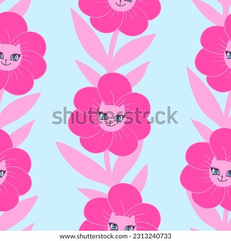 70s style flowers seamless pattern. Flower with cat faces, heart eyes. Dandelion endless ornament. Bloom repeat print. Blossom repeat wrapping paper