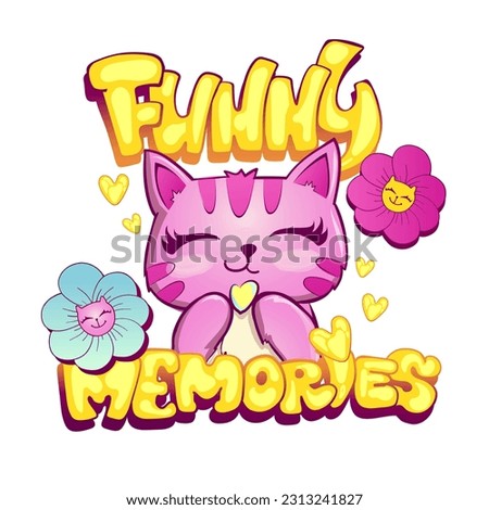 Funny memories. 70s store poster with flowers, lettering, cat cartoon illustration. Smiling kitty face. Cute cartoon dandelion character with cats faces, heart eyes, hearts. Calligraphy print pet