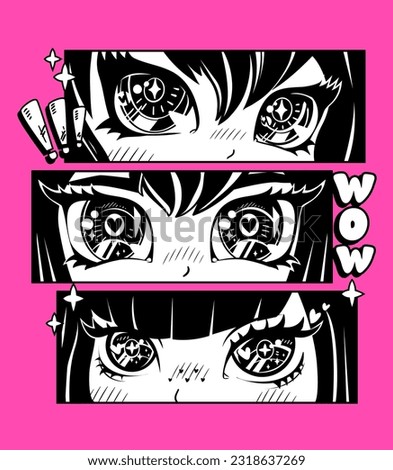 Anime girl print with Looking eyes, exclamation marks, word Wow. Kawaii woman poster. Girlish trendy t shirt design Eyes with heart inside. Anime style school girl illustration