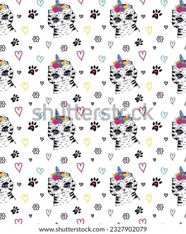 Abstract seamless pattern with Cat unicorn, hearts, flowers, paws. Cute cartoon kitten face repeat print. Smiling cat face with anime eyes.