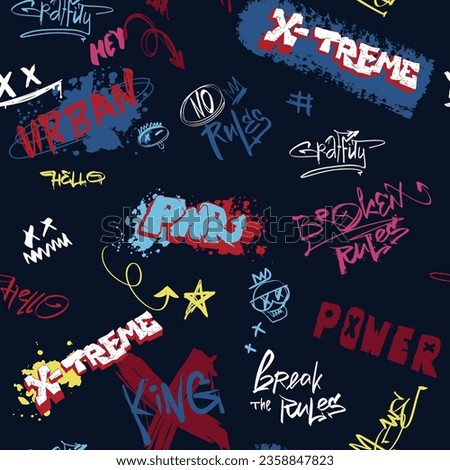 Street art seamless pattern with Graffiti words, grunge background, arrows, smiling, spray paint ink. Text Crazy, broken rules, urban. Teenager repeat print for sport textile, fashion clothes.