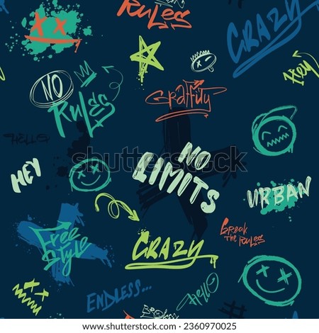 Abstract seamless Graffiti pattern with street art style text. Repeat lettering ornament. Cover print withgrunge graffiti background. Words crazy, urban, no rules, no limits, hey. Smiling face, stars.