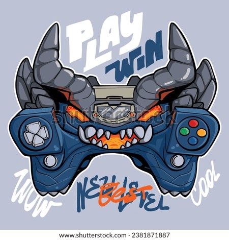 Gamepad monster with horn end evil eyes. Cartoon gamepad t shirt design. Graffiti background with text play, win, new level, cool, best.