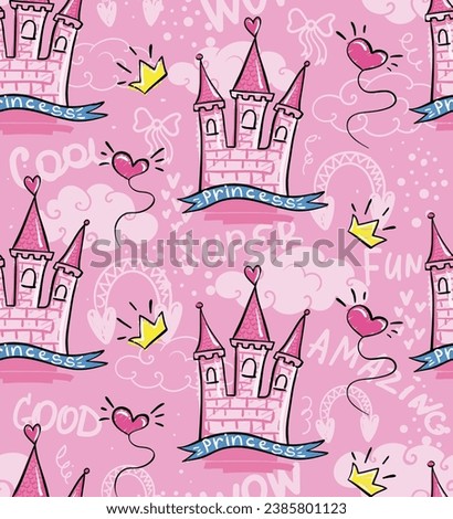 Princess seamless pattern with castle, clouds, crown. text Super, cool, amazing. Repeat girlish print on pink background.