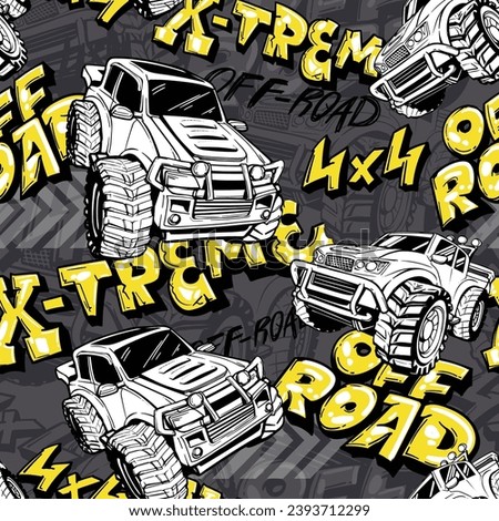 Monster Truck car seamless pattern on grunge textured background with arrows, street art style graffiti text Extreme, Off road, 4x4.  Vehicle textured repeat ornament