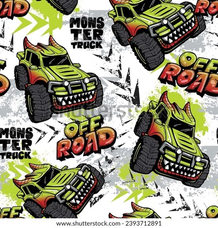 Dragon Monster Truck car seamless pattern on grunge textured background with arrows, shabby dots and spray paint ink.  Off road textured repeat ornament