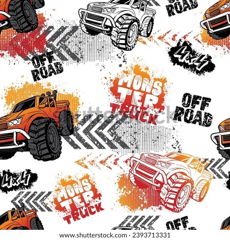Monster Truck car seamless pattern on grunge textured background with arrows, shabby dots and spray paint ink.  Off road textured repeat ornament