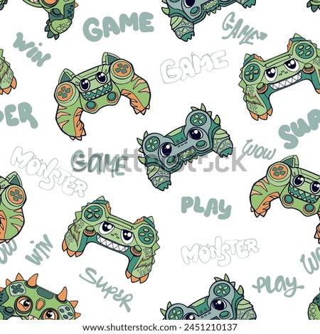 Monster gamepad illustration. Cartoon joystick print. Game pad print. Dragon gamepad print with smiling and horn, text New level, play
