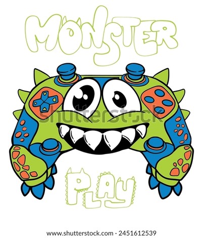 Monster gamepad illustration. Cartoon joystick print. Game pad print. Dragon gamepad print with smiling and horn, text Play and win