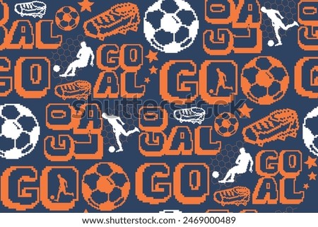 Football pattern in pixel style with text GOAL, running footballer men silhouette, snickers shoes. Seamless pattern with soccer ball. Sport wrapping paper, socks.