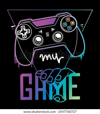 Abstract seamless gamepad pattern with text My game an hand on black background, neon triangle sign. Tee print with gamepad. T shirt design for boy