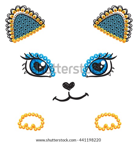 T-shirt design with cats face. Cats eyes background. Girlish design on white background. Abstract design for girls. Girlish wallpaper with line drawing cats face. Sequins elements on design.