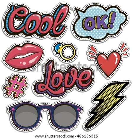 Sketch comics Set of stickers with hearts, speech bubbles, text cool, love, lightning, lips, rings, sunglasses. Girlish fashion elements in bright colors. Comic style. Fashion patch badges
