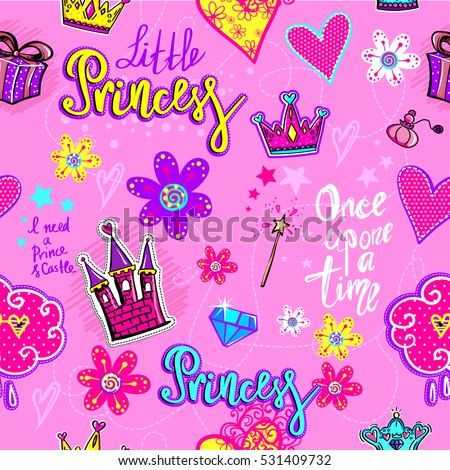 Abstract seamless girlish tender pink pattern. Repeating backdrop for fashion, childish clothes, with elements hearts, dots, text hand writing Princess,Once upon a time,crown, diamond, flowers, cloud 