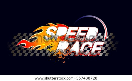 Speed race logo on taxi flag squares and fire silhouette. T shirt design for boys, wallpaper on dark blue background