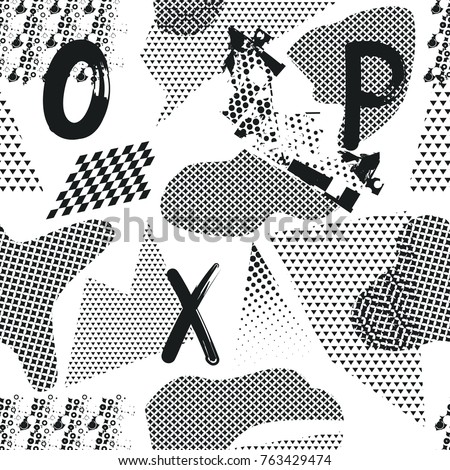 Abstract seamless geometric pattern with triangles, rhombus, dots, alphabet letters O, P, X, squares set like drive taxi flag. Black and white background. Monochrome wallpaper for sport clothes