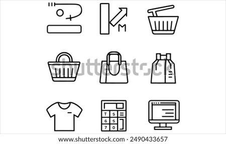 Shopping icon collection set. Containing add to cart, remove, basket, bag, t shirt, calculator, monitor icon. Simple flat vector.