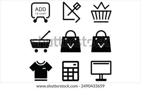 Shopping icon collection set. Containing add to cart, remove, basket, bag, t shirt, calculator, monitor icon. Simple flat vector.