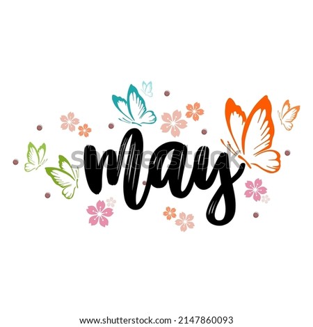 Hello May hand lettering card. simple MAY month vector with butterfly and sakura flower. Illustration month may background Foto d'archivio © 