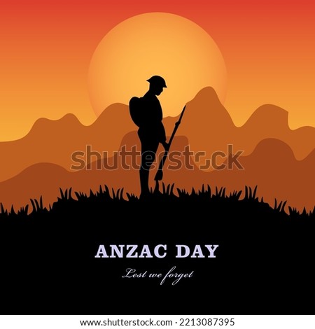 Vector illustration of beauty landscape. Remembrance day symbol. Lest we forget. Anzac day background with australian soldier and beauty landscape. Foto stock © 