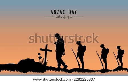 Vector illustration of beauty landscape. Remembrance day symbol. Lest we forget. Anzac day background with australian soldier and beauty landscape Foto stock © 