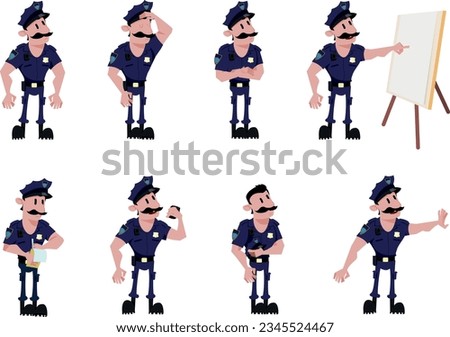 Police man in eight different situations. Unarmed. New York Police department. NYPD uniform. Call 911