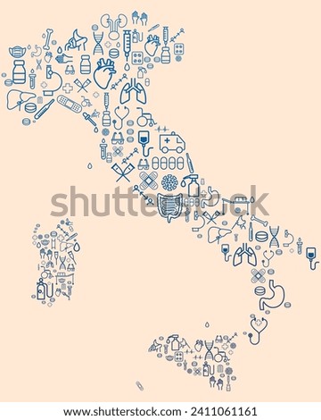 Map of Italy formed by icons related to medicine and healthcare system. SUS. Public healthcare