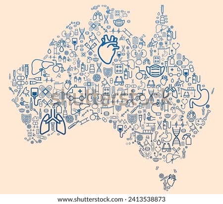 Map of Australia formed by icons related to medicine and healthcare system. SUS. Public healthcare. Oceania