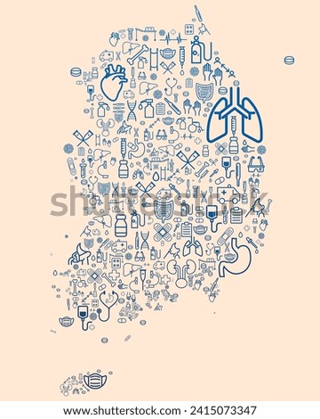 Map of South Korea - Republic of Korea - formed by icons related to medicine and healthcare system. SUS. Public healthcare