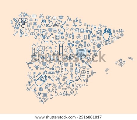 Map of Spain formed by icons related to medicine and healthcare system. SUS. Public healthcare. Europe