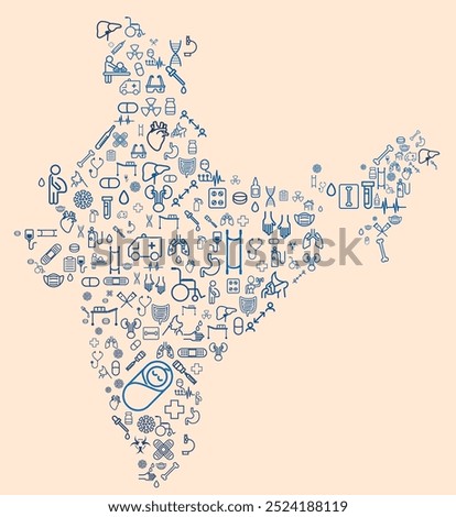 Map of India formed by icons related to medicine and healthcare system. SUS. Public healthcare. Asia