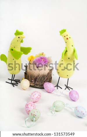 Easter chicken family with tulips and eggs
