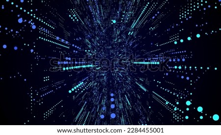 Vector abstract sci-fi blue tunnel. Digital database cyberspace. Decoding algorithms hacked software in funnel. Wormhole with cyber security from particles. 3D portal.